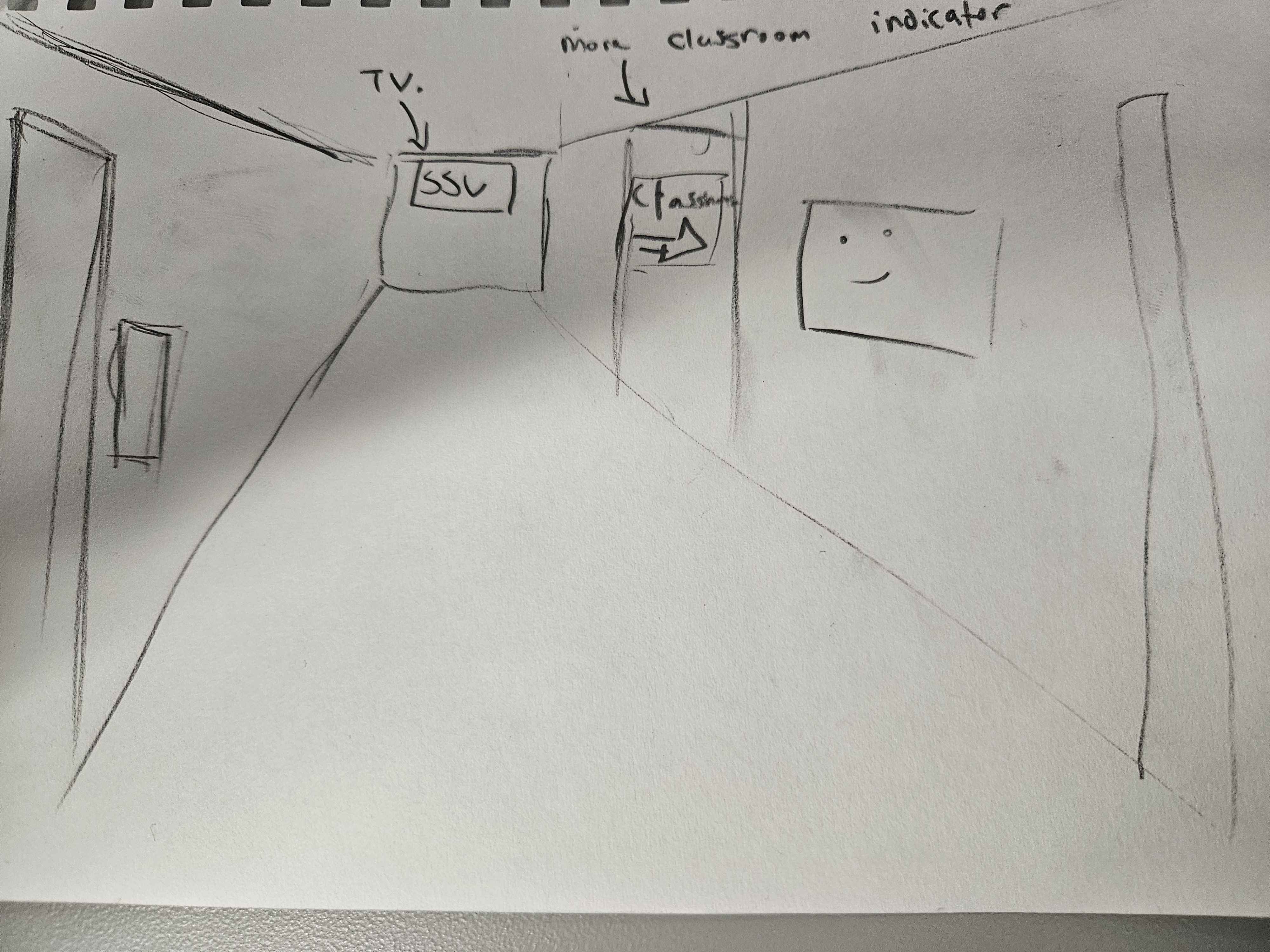 in this design, we implemented signages that is very easy to see and navigate. Adding a Sheridan News TV also adds more visually appealing effect in the hallway. This give an idea that this place is accessible for students and staff. It removes the feeling of the basement being closed off